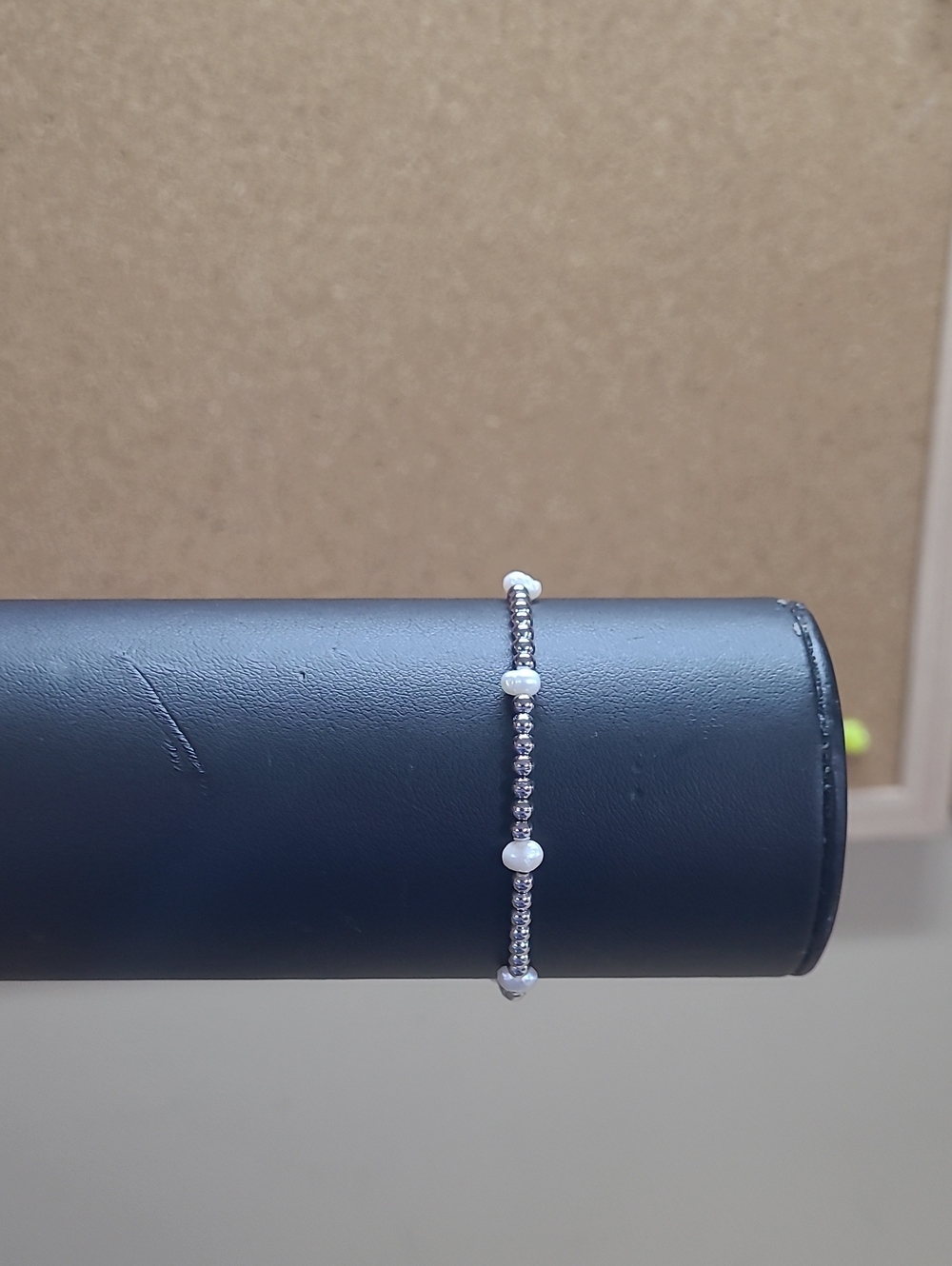Stainless Steel Beaded Bracelet with Freshwater White Pearls Fits 7"-7.5" Wrist